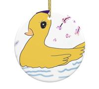 BROLEO Pendentif rond en céramique motif petit canard jaune - 7,4 cm équipé d'un câble métallique doré durable pour l'accrocher facilement aux arbres de Noël