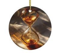 BROLEO Pendentif rond en forme de sablier doré imprimé sapin de Noël en céramique à suspendre - 7,4 cm équipé d'un cordon métallique doré durable