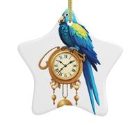 BROLEO Perroquet assis sur un vieux pendule motif horloge de Noël en céramique pendentif étoile décoration facile à accrocher, très approprié pour décorer les arbres de Noël