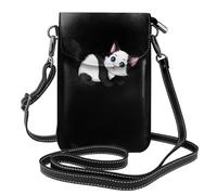 BROLEO Petit chat noir et blanc avec oreilles roses - Téléphone portable pour femme avec prépuce en cuir - Étui à rabat en bandoulière - Petite bandoulière réglable