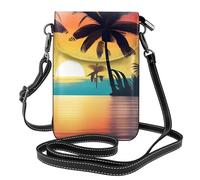 BROLEO Petit sac à main pour téléphone portable 19,3 x 12,4 cm, coucher de soleil océan avec palmiers tropicaux, paysage crépusculaire, étui à rabat en cuir pour femme, parfait pour la marche, le