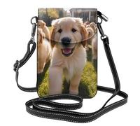BROLEO Petit sac à main pour téléphone portable 19,3 x 12,4 cm, imprimé chiots Golden Retriever, étui à rabat en cuir pour femme, parfait pour la marche, le camping, noir