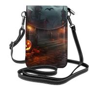 BROLEO Petit sac à main pour téléphone portable 19,3 x 12,4 cm, imprimé horreur d'Halloween, étui à rabat en cuir pour femme, parfait pour la marche, le camping, noir
