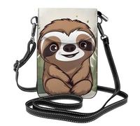 BROLEO Petit sac à main pour téléphone portable 19,3 x 12,4 cm, joli motif paresseux de dessin animé, étui à rabat en cuir pour femme, parfait pour la marche, le camping, noir
