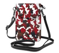 BROLEO Petit sac à main pour téléphone portable 19,3 x 12,4 cm - Motif camouflage rouge - Étui à rabat en cuir pour femme, parfait pour la marche, le camping