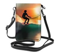 BROLEO Petit sac à main pour téléphone portable 19,3 x 12,4 cm, motif coucher de soleil, mer, surf, paysage marin, étui à rabat en cuir pour femme, parfait pour la marche, le camping