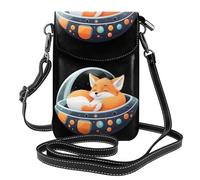 BROLEO Petit sac à main pour téléphone portable 19,3 x 12,4 cm, motif petit renard endormi sur le vaisseau spatial, étui à rabat en cuir pour femme, parfait pour la marche, le camping