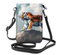 BROLEO Petit sac à main pour téléphone portable 19,3 x 12,4 cm, motif tigre majestueux se reposant sur un rocher avec ciel nuageux, étui à bandoulière en cuir à rabat pour femme, parfait pour la