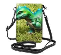 BROLEO Petit sac à main pour téléphone portable 19,3 x 12,4 cm, petit dinosaure dans l'herbe verte, étui à rabat en cuir pour femme, parfait pour la marche, le camping