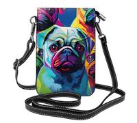 BROLEO Petit sac à main pour téléphone portable 19,3 x 12,4 cm, plusieurs chiens, imprimé pop art, carlins, étui à rabat en cuir pour femme, parfait pour la marche, le camping, noir
