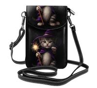 BROLEO Petit sac à main pour téléphone portable de 19,3 x 12,4 cm, chaton portant un chapeau de sorcière, étui à rabat en cuir pour femme, parfait pour la marche, le camping