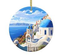 BROLEO Santorini Pendentif rond en céramique Motif île grecque vue sur la mer - 7,4 cm équipé d'un câble métallique doré durable pour l'accrocher facilement aux arbres de Noël
