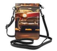 BROLEO Téléphone portable pour femme avec prépuce en cuir imprimé voitures vintage classique, étui à rabat, petite bandoulière réglable