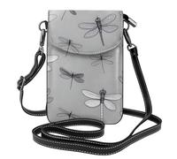 BROLEO Téléphone portable pour femme imprimé libellules gris avec prépuce en cuir, étui à rabat en bandoulière, petite bandoulière réglable