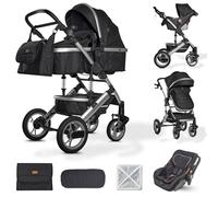 Bronea - Poussette 3 en 1 'Exquise' Ensemble complet INCLUS siège auto et matelas Plusieurs couleurs Pliable avec sac à langer,housse de pluie,moustiquaire,cache-soleil, Couleur:noir/argenté