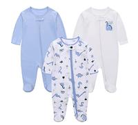 BRONG 3 Paquet Bébé Grenouillères Pyjama Enfant Coton Combinaison Dors Bien 2-Way Fermeture éclair avec Pieds Pyjamas Dinosaure 0-3 Mois
