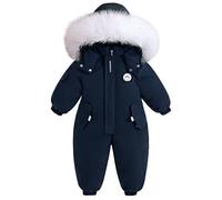 BRONG Enfant Habit de Neige Barboteuse Garçons Combinaison de Ski Hiver Chaud Neige Toison Veste Étanche Amovible Col de Fourrure Coupe-Vent Tenues Bleu 12-18 Mois