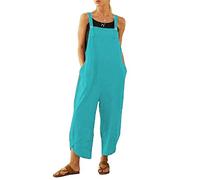 BRONG Salopette ample décontractée en coton et lin doux pour femme avec bretelles réglables et poches, bleu lac, S