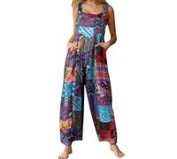 BRONG Salopette ample décontractée en coton et lin doux pour femme avec bretelles réglables et poches, Imprimé A, M