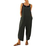 BRONG Salopette ample décontractée en coton et lin doux pour femme avec bretelles réglables et poches, Vert, S