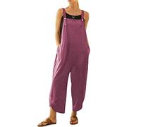 BRONG Salopette décontractée ample en coton doux et lin pour femme avec bretelles réglables et poches, violet, XXL