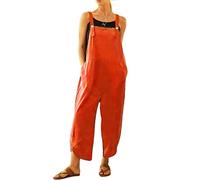 BRONG Salopette décontractée ample en coton doux et lin pour femme avec bretelles réglables et poches, Orange, 3XL