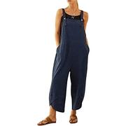 BRONG Salopette décontractée ample en coton doux et lin pour femme avec bretelles réglables et poches, bleu, XL