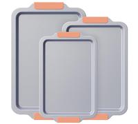 BRONYPRO Lot de 3 plaques de cuisson en céramique antiadhésives, non toxiques (Sans PFAS/PFOA/PTFE), plaques de four en acier aluminisé avec poignées en silicone, résistantes à la rouille, résistantes