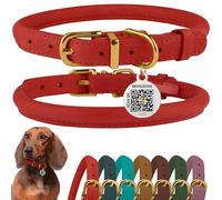 BRONZEDOG Collier en Cuir Roulé pour Chien avec Étiquette D'Identification QR Colliers Ronds Souples Ajustables pour Petits Moyens Grands Chiens Chiot Chat (Rouge Classique, 18-25 cm)