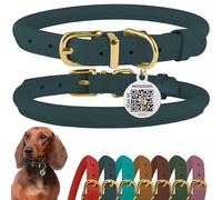 BRONZEDOG Collier en Cuir Roulé pour Chien avec Étiquette D'Identification QR Colliers Ronds Souples Ajustables pour Petits Moyens Grands Chiens Chiot Chat (Denim, 18-25 cm)