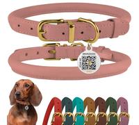 BRONZEDOG Collier en Cuir Roulé pour Chien avec Étiquette D'Identification QR Colliers Ronds Souples Ajustables pour Petits Moyens Grands Chiens Chiot Chat (Rose, 28-36 cm)