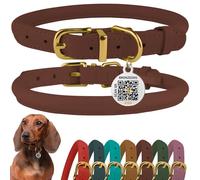 BRONZEDOG Collier en Cuir Roulé pour Chien avec Étiquette D'Identification QR Colliers Ronds Souples Ajustables pour Petits Moyens Grands Chiens Chiot Chat (Cognac, 23-28 cm)