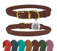 BRONZEDOG Collier en Cuir Roulé pour Chien avec Étiquette D'Identification QR Colliers Ronds Souples Ajustables pour Petits Moyens Grands Chiens Chiot Chat (Cognac, 40-48 cm)