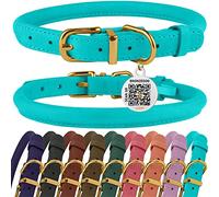 BRONZEDOG Collier en Cuir Roulé pour Chien avec Étiquette D'Identification QR Colliers Ronds Souples Ajustables pour Petits Moyens Grands Chiens Chiot Chat (Turquoise, 35-41 cm)