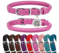 BRONZEDOG Collier pour Chien en Cuir roulé pour Petits, Moyens et Grands Chiens avec étiquette QR-ID (Rose, S: 30-36 cm)