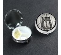 Brooklyn Bridge Pilulier décoratif à 3 compartiments avec miroir pour sac à main ou poche Petit pilulier rond en métal pour médicaments médicaments, vitamines, cadeau de voyage