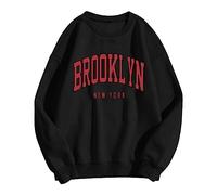 Brooklyn Joli sweat-shirt à col rond pour femme - Col rond - Manches longues - Coupe ample - Lettre unie - Confortable - Anime Y2K Country Workou College 2024 - Chandail fin pour femme, Noir , L