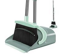Broom and Dustpan Set for Home, Dust pan with Long Handle, Broom with Dustpan Combo Set, for Home Kitchen Room Office Lobby Floor Use Upright Stand Up Sweeping (Gray&Green)