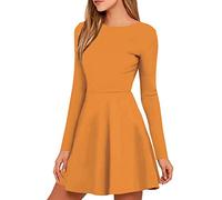 Brosloth Robe Courte Femme Evasée Manches Longues Col Rond Robe Patineuse Sexy Casual Chic (Jaune, L)