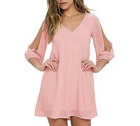 Brosloth Robe Femme Chic et Èlégante, Jupe D'été Casual en Mousseline à Épaules Dénudées, RobeBohèmes Taille Haute à Manches Longues, Mini Col V Robe de Cocktail Rose L