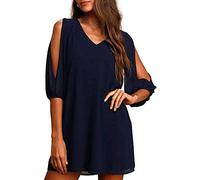 Brosloth Robe Femme Chic et Èlégante, Jupe D'été Casual en Mousseline à Épaules Dénudées, RobeBohèmes Taille Haute à Manches Longues, Mini Col V Robe de Cocktail Bleu Marin S