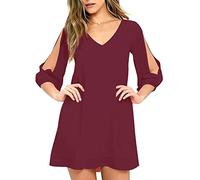 Brosloth Robe Mousseline de Soie Femme Épaules Dénudées Mini Robe Plage Manches 3/4 Longues Col Rond Casual Simple Elegante Chic (Rouge, S)