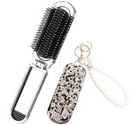 Brosse à cheveux de poche 2 en 1, brosse porte-clés miroir en strass, noire, cheveux compacts