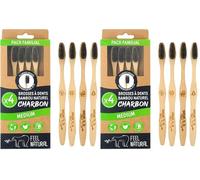 Brosse à Dent Bambou Naturel Charbon - Pack Familial 4 Brosses à Dents Médium pour Enfant et Adulte - Soin Dentaire, Lave les Dents en Profondeur, Poil en Huile de Ricin, Facile à Prendre en Main