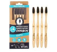 Brosse à Dent Bambou Naturel Charbon - Pack Familial 4 Brosses à Dents Souples pour Enfant et Adulte - Soin Dentaire, Lave les Dents en Profondeur, Poil en Huile de Ricin, Facile à Prendre en Main