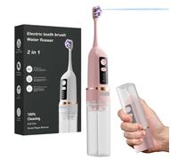 Brosse à dent électrique avec jet dentaire, Kit de nettoyage buccal 2-1, jet dentaire hydropulseur portable, 3 modes intelligents, rechargeable et étanche IPX7 (rose)