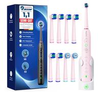 Brosse À Dent Électrique Rotatives pour Adultes et Enfants avec 3 Intensités, 5 Modes, 8 Brossettes (2 types), Étanche IPX7, Brosse A Dent Electrique de Voyage, Rose Bonbon