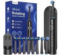 Brosse À Dent Électrique Rotatives pour Adultes et Enfants, Noir Profond | 8 Brosses, 5 Modes de Brossage, 60 Jours D'autonomie, Station de Charge Murale, Étui de Voyage
