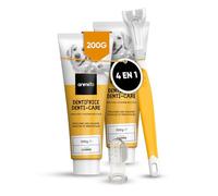 Brosse a dents chien 3 Têtes,1 Doigtier, Kit Dentaire Dentifrice Chien 2 x 100g - Dentifrice Haleine Fraîche, Gout Menthe - Élimine Plaque Tartre & Mauvaise Haleine - Soins des Dents Pour Chiens