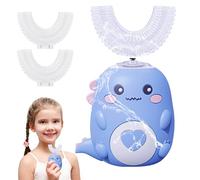 Brosse à dents électrique, à ultrasons, 360º, avec 2 têtes de brosse en silicone en forme de U, automatique, avec LED et look dinosaure, pour enfants de 2 à 12 ans, garçons et filles, bleue, de 2 à 6